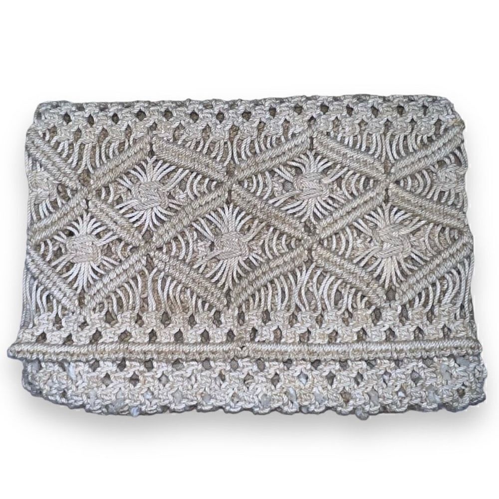 Macrame Crochet Clutch Mini Bag in Natural Beige Fold over Flap, Zip Top Closure